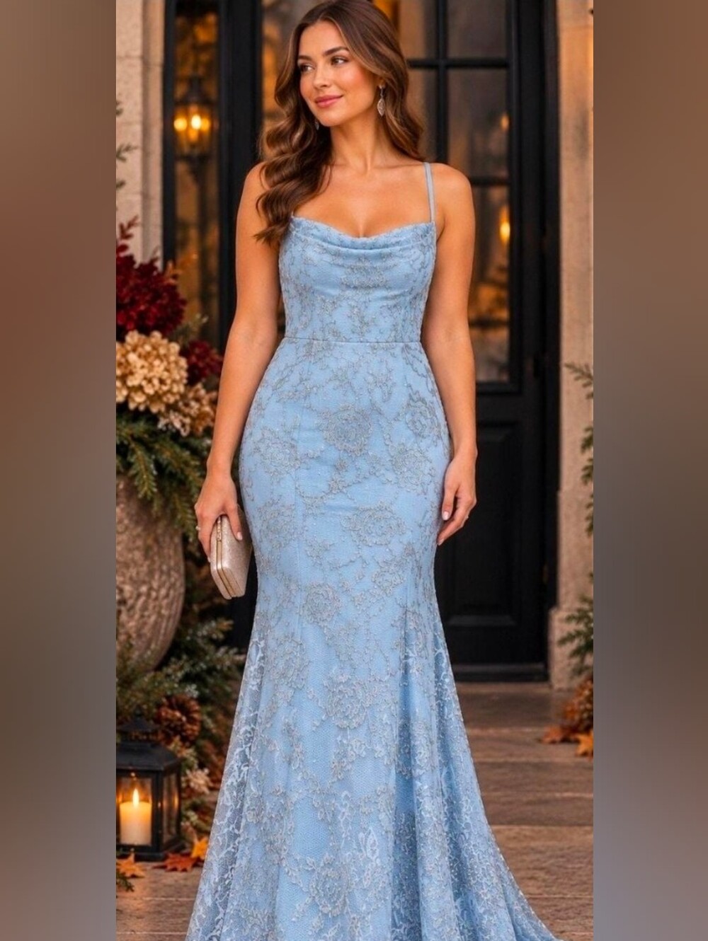 Jump Apparel NWT Light Blue Silver Embellished Maxi Gown Dress Size 9/10 #11589